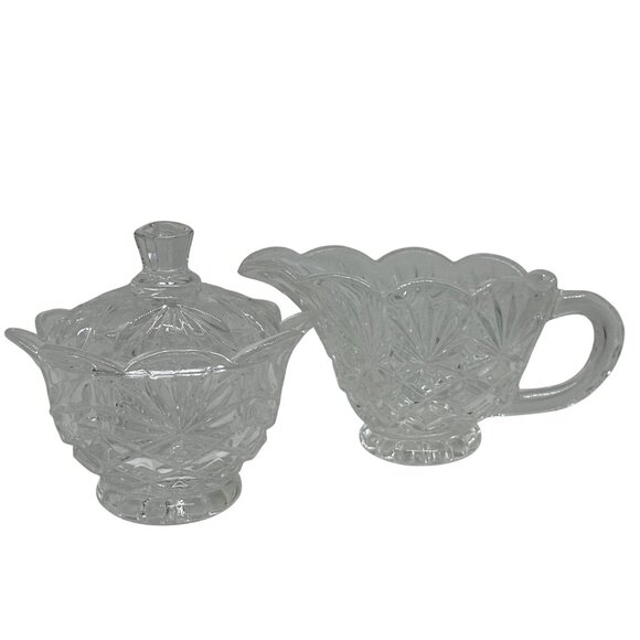 VTG Clear Cut Glass Sugar & Creamer Set | Scalloped Edge Pressed Crystal 4.5" - Picture 1 of 4
